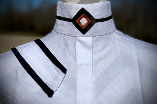 Boo Yah White Shirt with Black/Copper Open Diamond and Thick Navy Stripe Ribbon Collars - Size 40