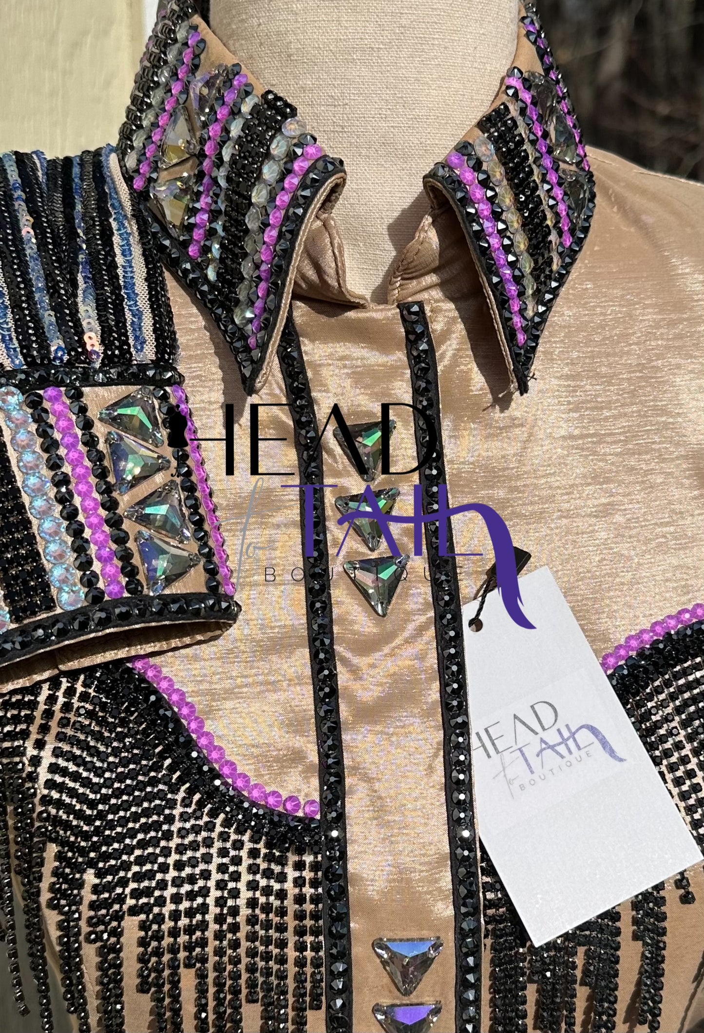 Unbridled Couture Champagne w/ Black Fringe Yoke & Purple Multi Sequines- Medium