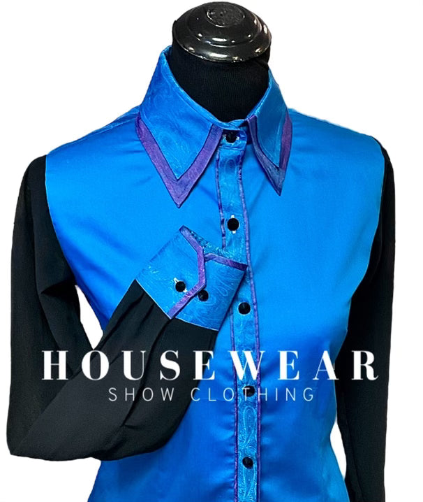 HouseWear Tailored Collection Blue & Purple Yoke w/ Black Sheer Sleeves - Medium