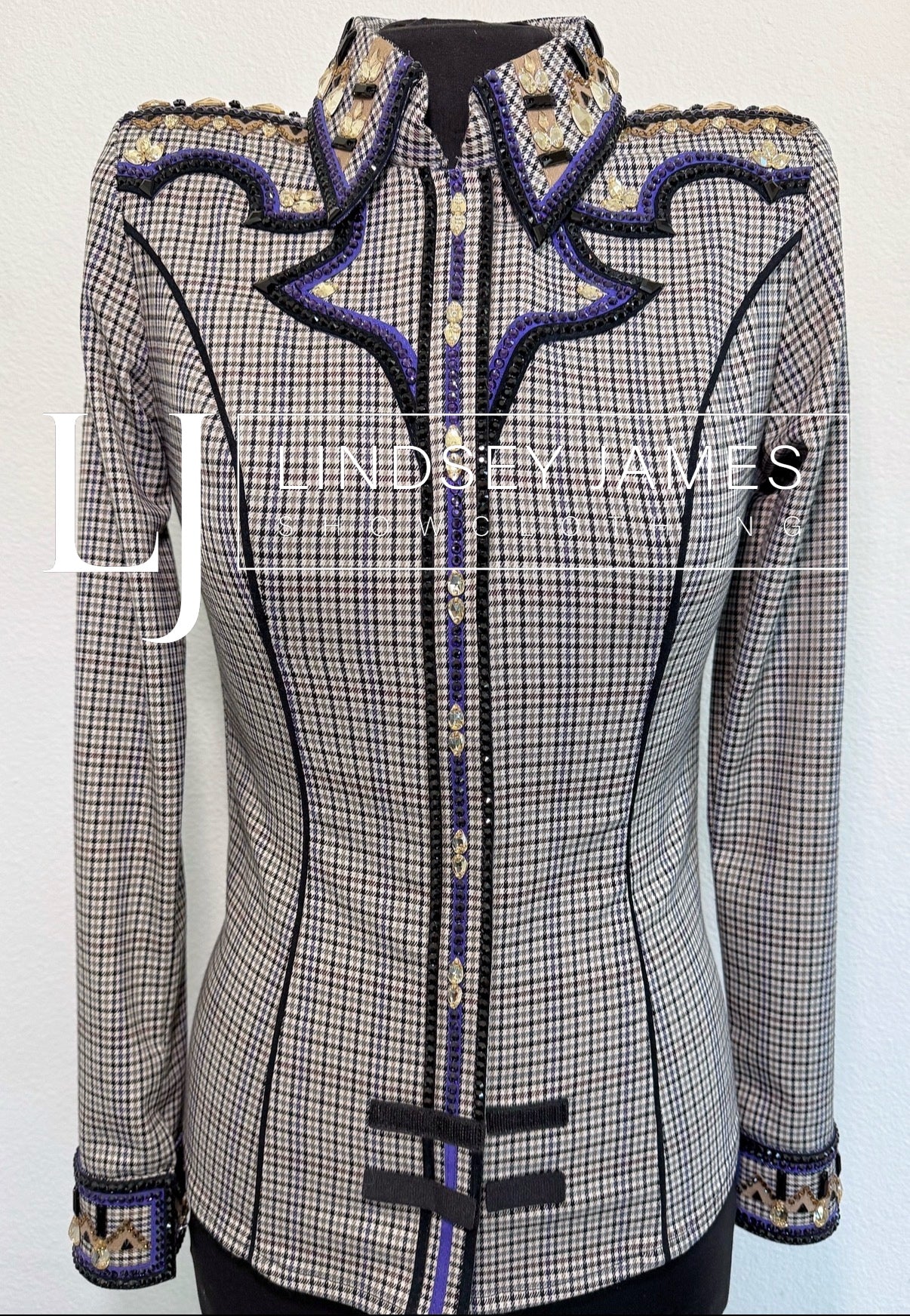 Lindsey James Purple, Gold, Black & White Plaid - Shoulder Design - Small/Medium