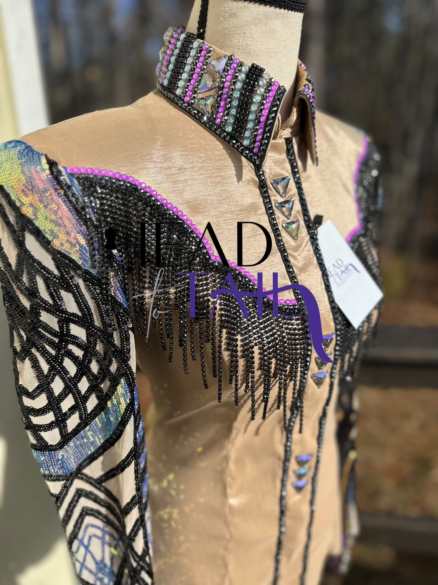 Unbridled Couture Champagne w/ Black Fringe Yoke & Purple Multi Sequines- Medium