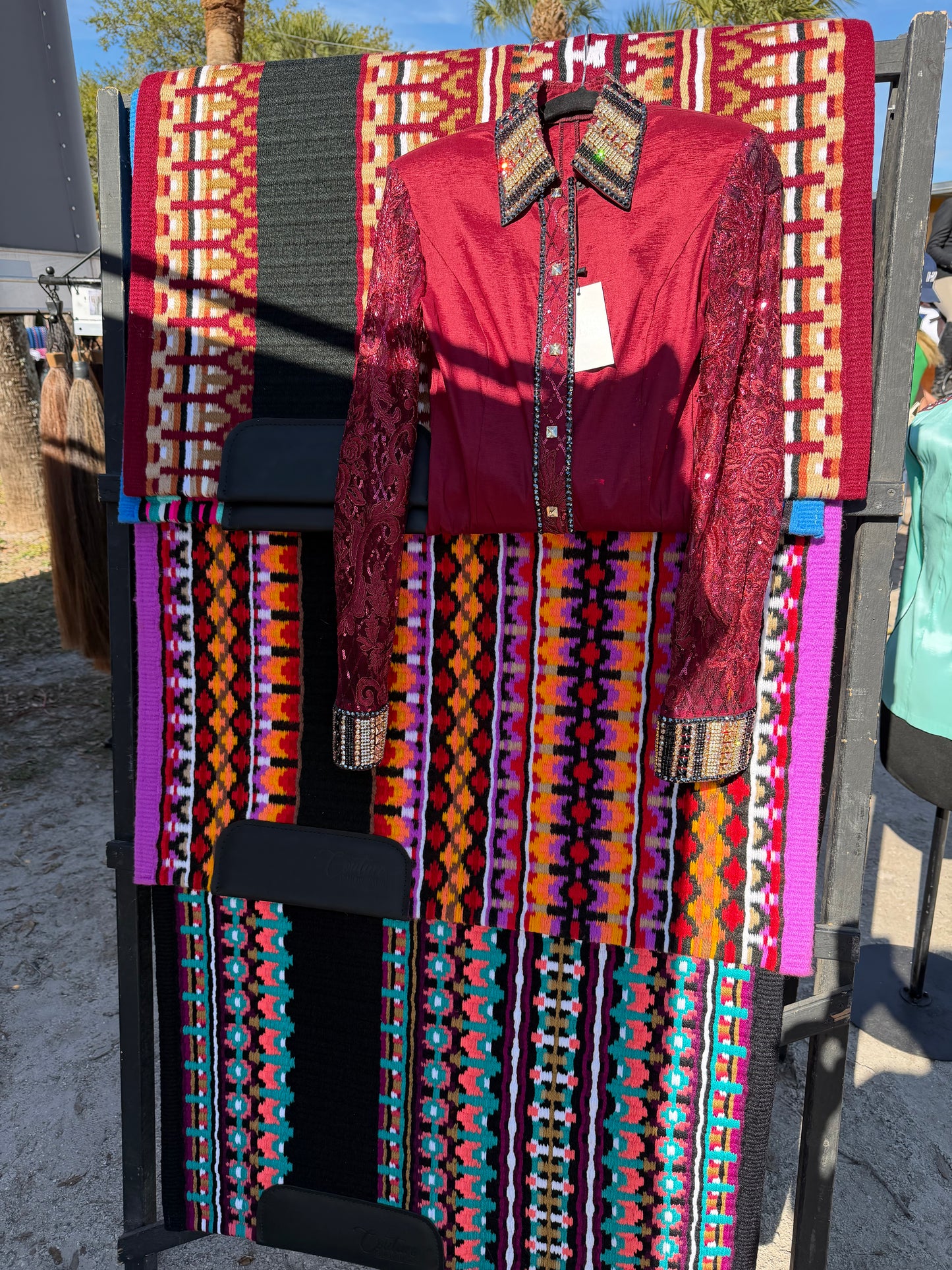 Unbridled Couture Merlot & Gold Day Shirt w/Sheer Sleeves - Medium