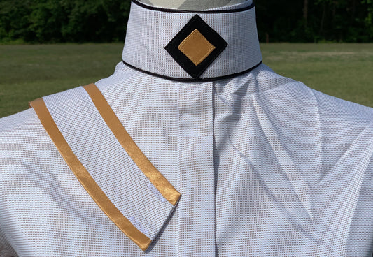 Boo Yah Hunt Shirt Navy Ribbon Piping & Gold/Navy filled V Strip Collars - Size 38
