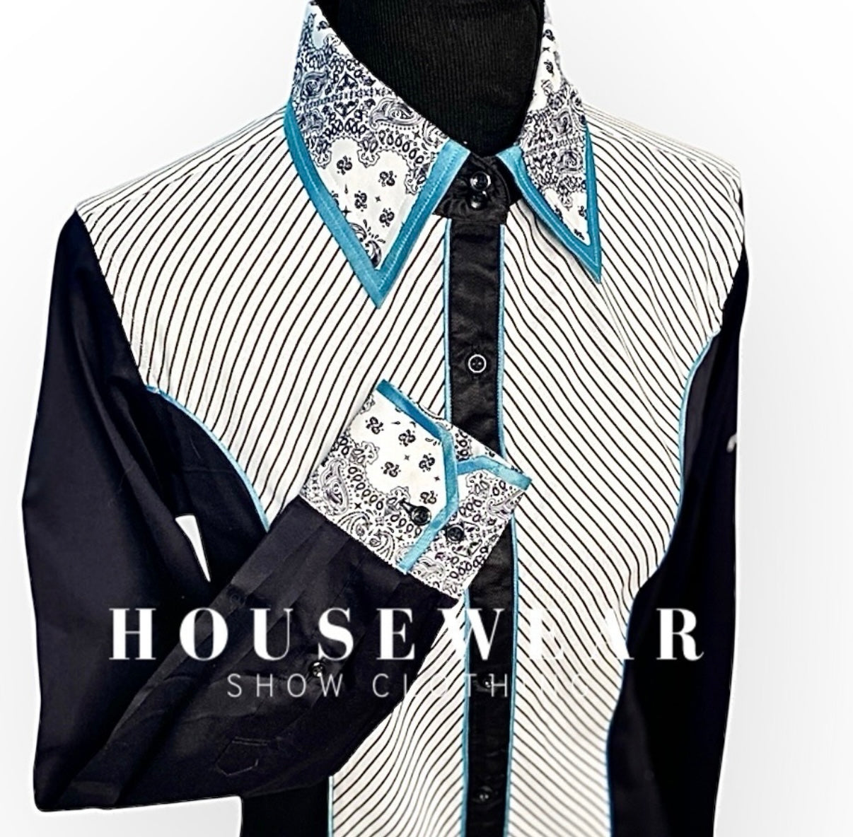 HouseWear Tailored Collection White & Black Stripe with Turquoise - Large