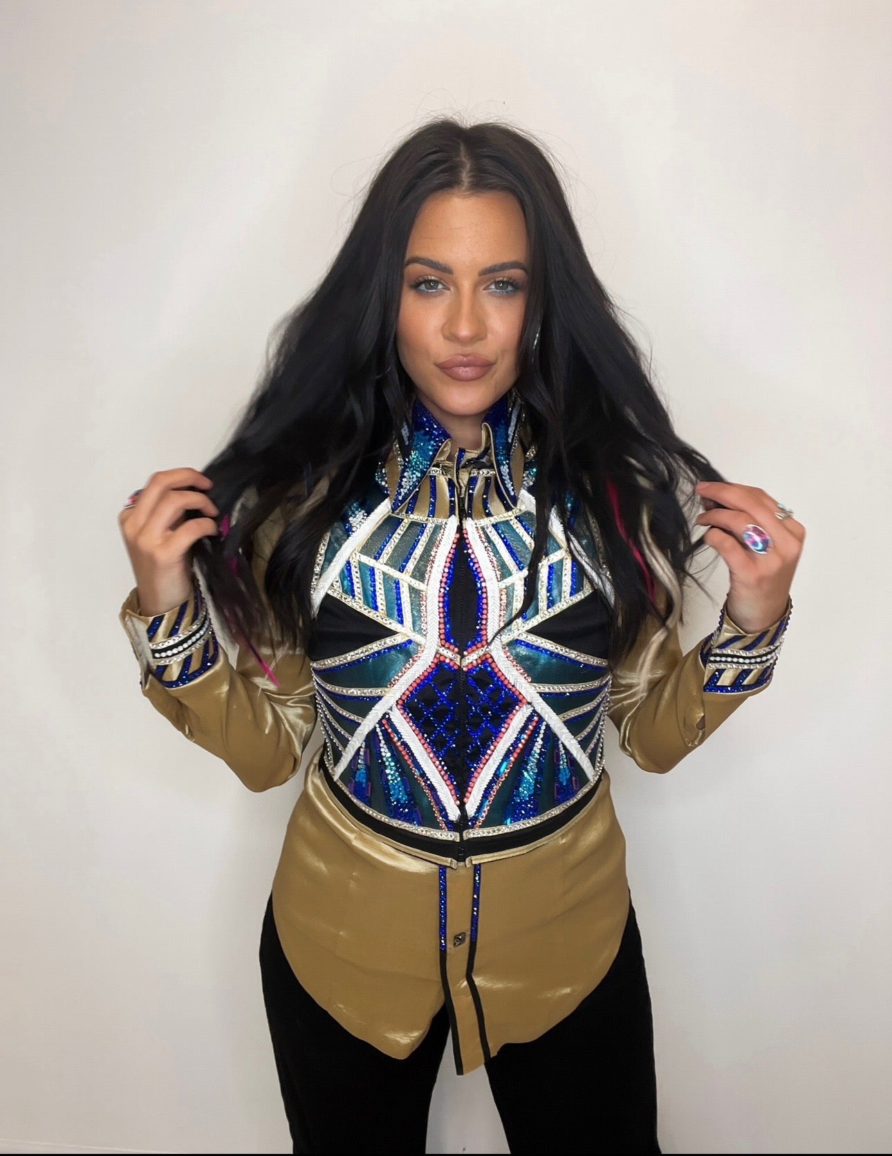 Unbridled Couture Gold, Blues & Teals Shirt & Bolero - Small