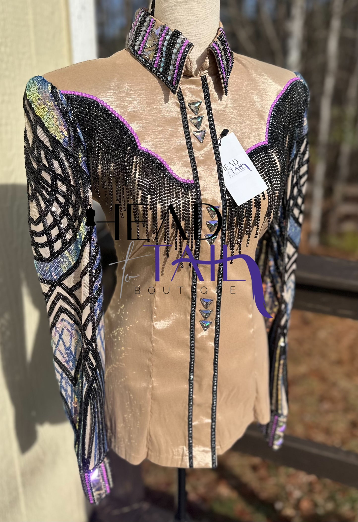 Unbridled Couture Champagne w/ Black Fringe Yoke & Purple Multi Sequines- Medium