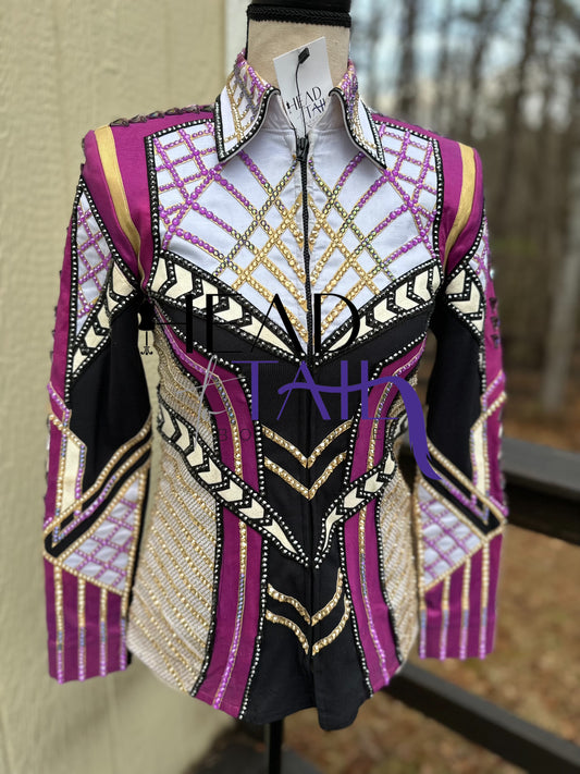 Unbridled Couture Showmanship, Horsemanship, Vest & Day Shirt Magenta Purple & Gold 4 Piece Set - YOUTH Large/ADULT XS