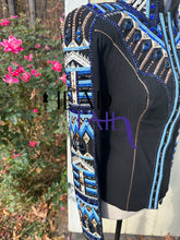 Load image into Gallery viewer, Suited by LJ Black Base with Blues, Rose Gold &amp; White - Appx Size 4 (w/pants)
