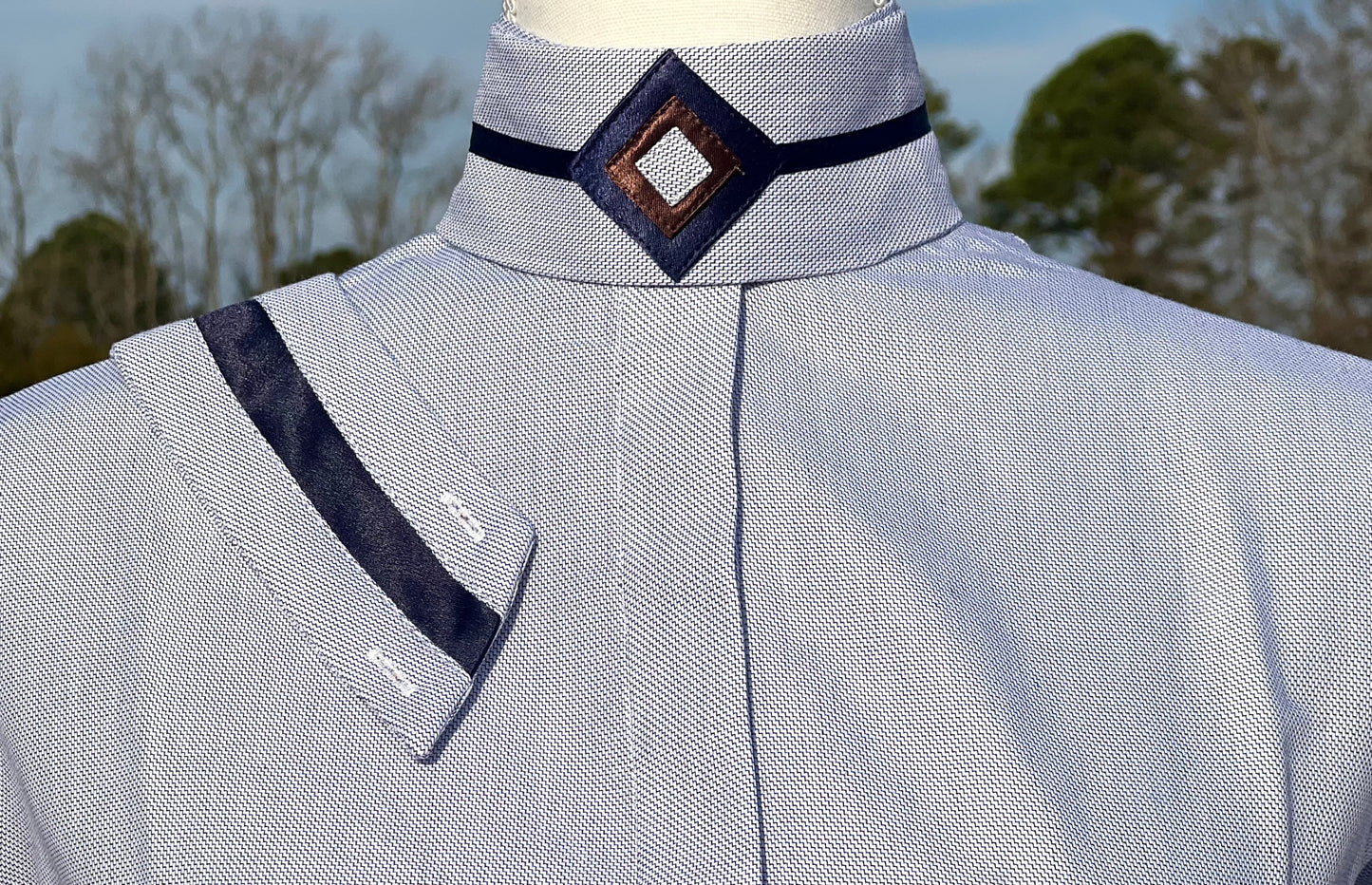 Boo Yah Blue/Brown Shirt with Thick Navy Velvet Ribbon Piping and Black/Brown V Collars - Size 32