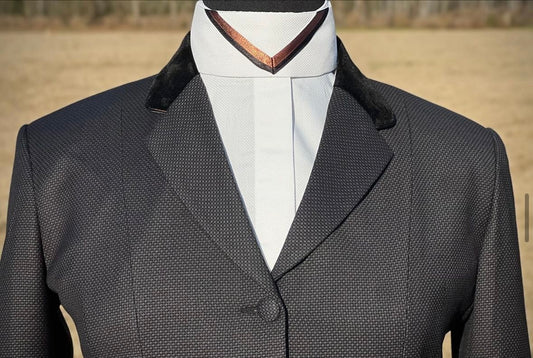 Boo Yah White Shirt with Thin Gold Piping and Black/Brown V Collars