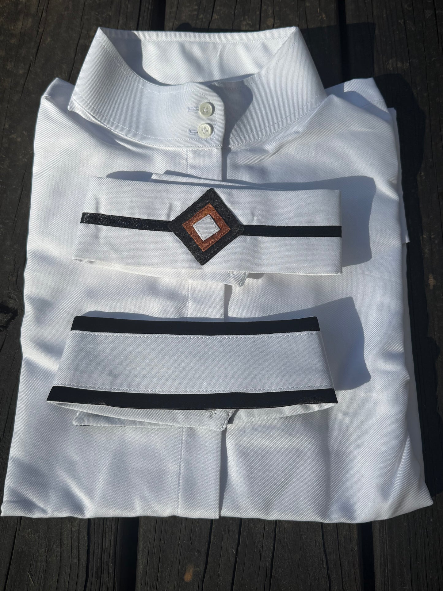 Boo Yah White Shirt with Back Thick Piping and Black/Gold Open Diamond Collars - Size 38