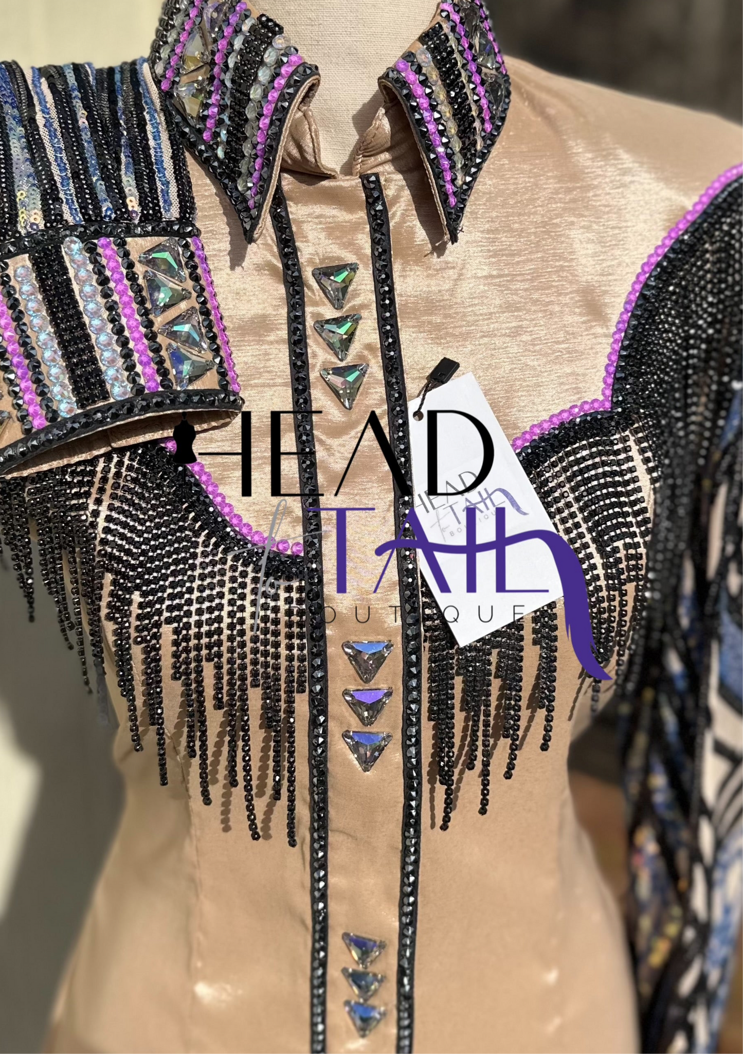 Unbridled Couture Champagne w/ Black Fringe Yoke & Purple Multi Sequines- Medium