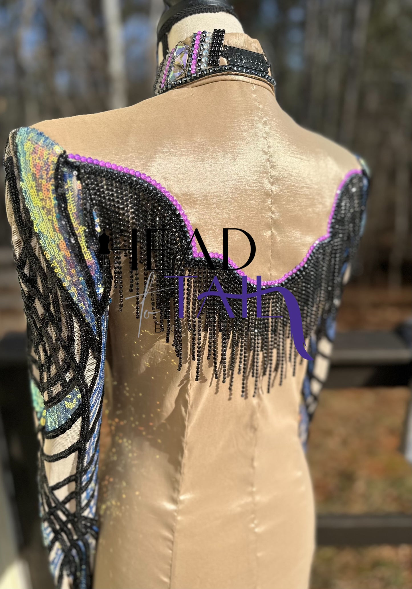 Unbridled Couture Champagne w/ Black Fringe Yoke & Purple Multi Sequines- Medium
