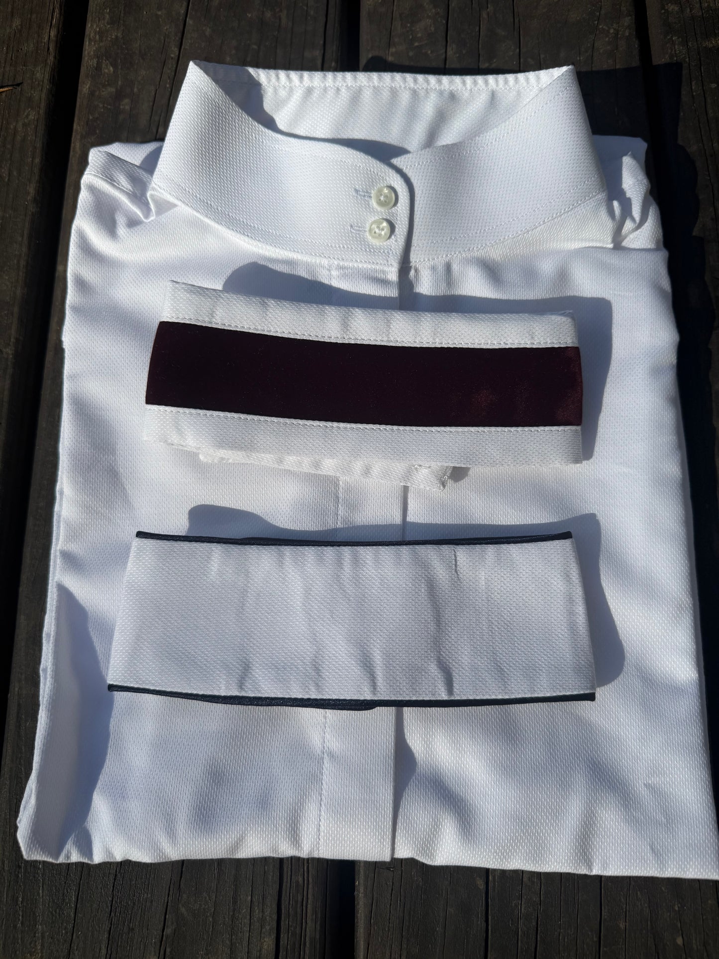 Boo Yah White Shirt with Navy Thin Piping and Thick Burgundy Velvet Stripe Collars - Size 38