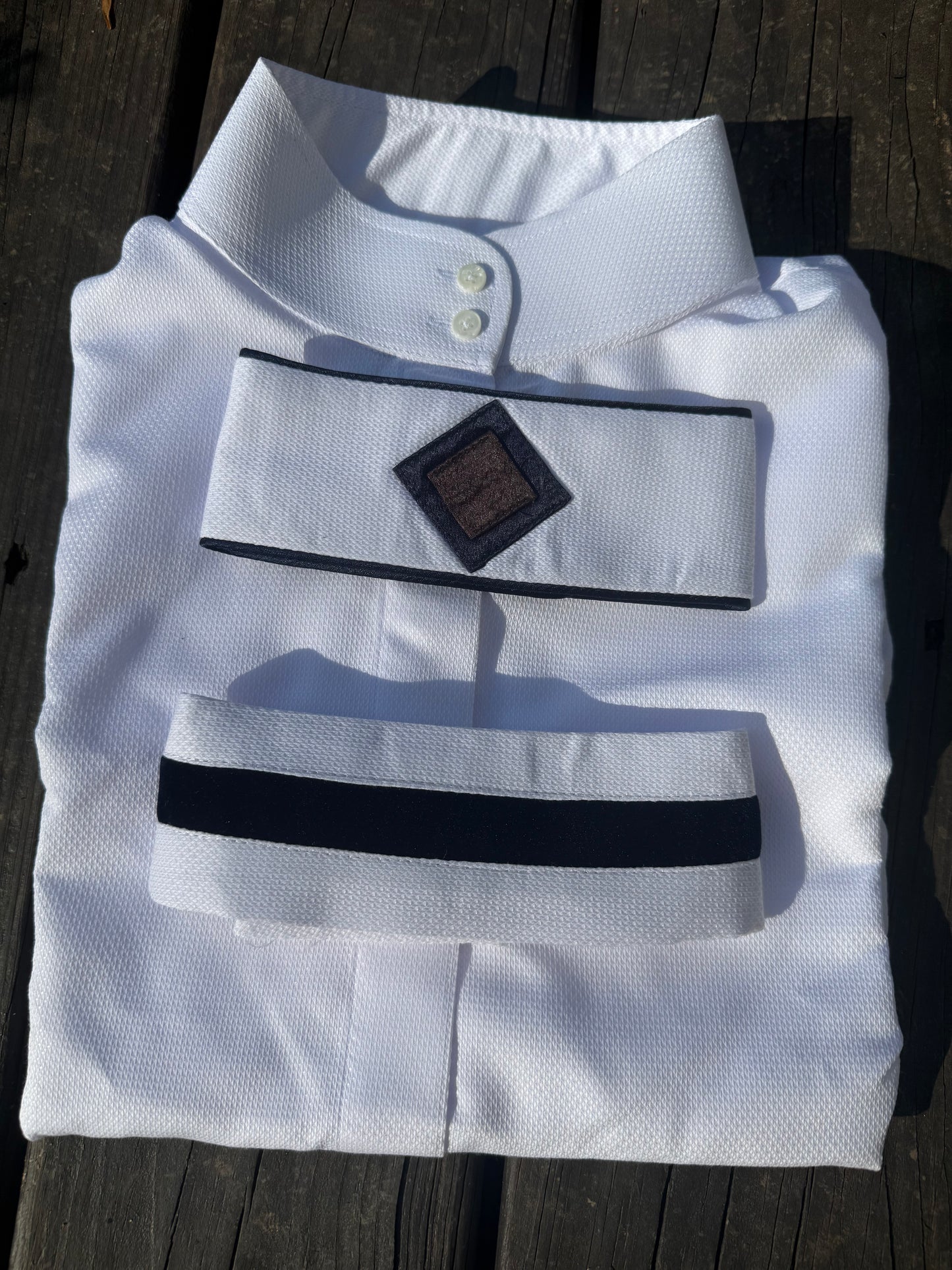 Boo Yah White Shirt with Navy/Brown Diamond and Black Velvet Ribbon Collars - Size 36
