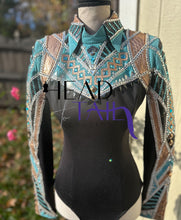 Load image into Gallery viewer, Lindsey James Show Clothing Teal &amp; Copper Horsemanship shirt - Small
