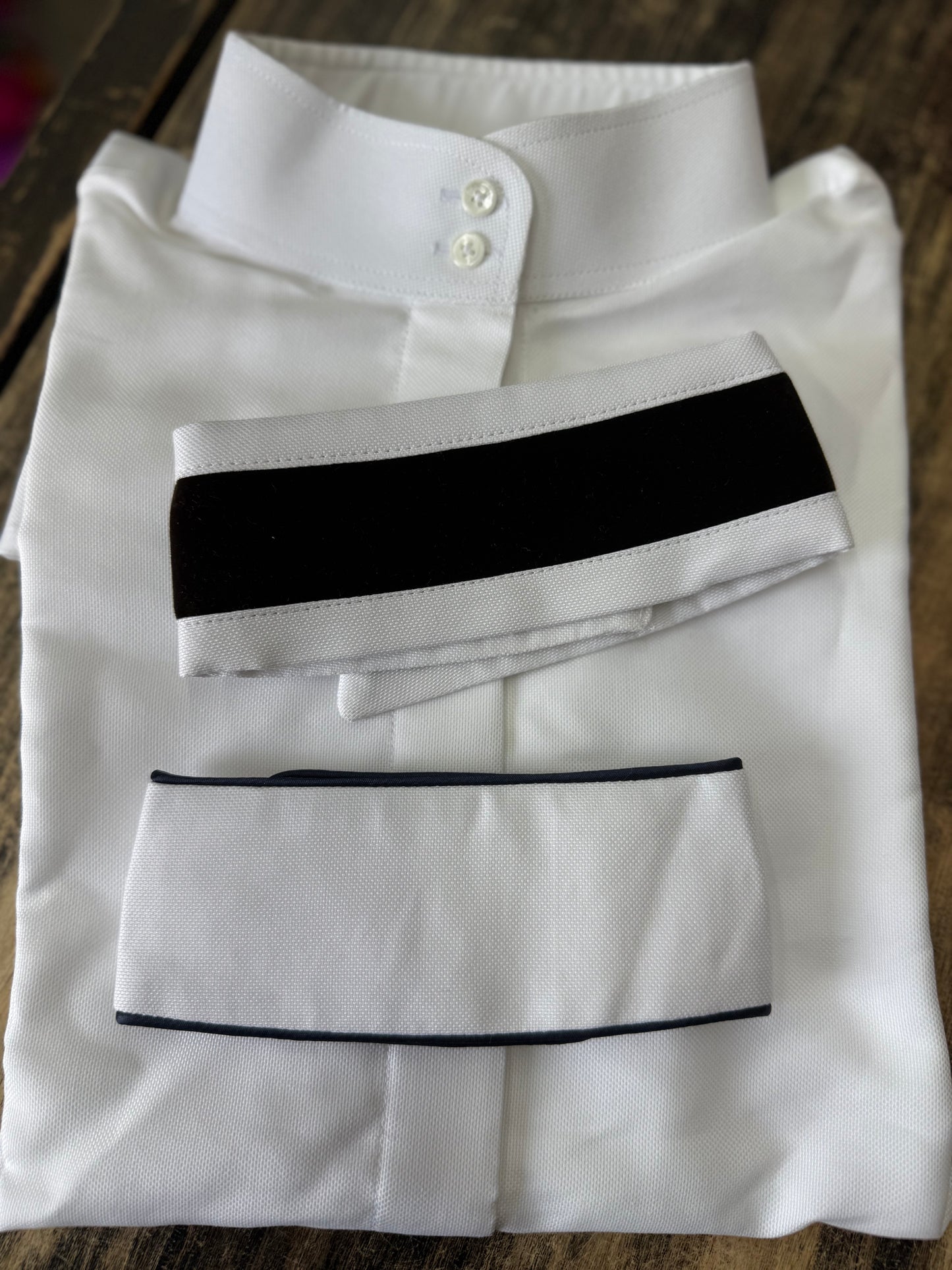 Boo Yah White Shirt with Black Thin Piping & Black Thick Velvet Collars - Size 34