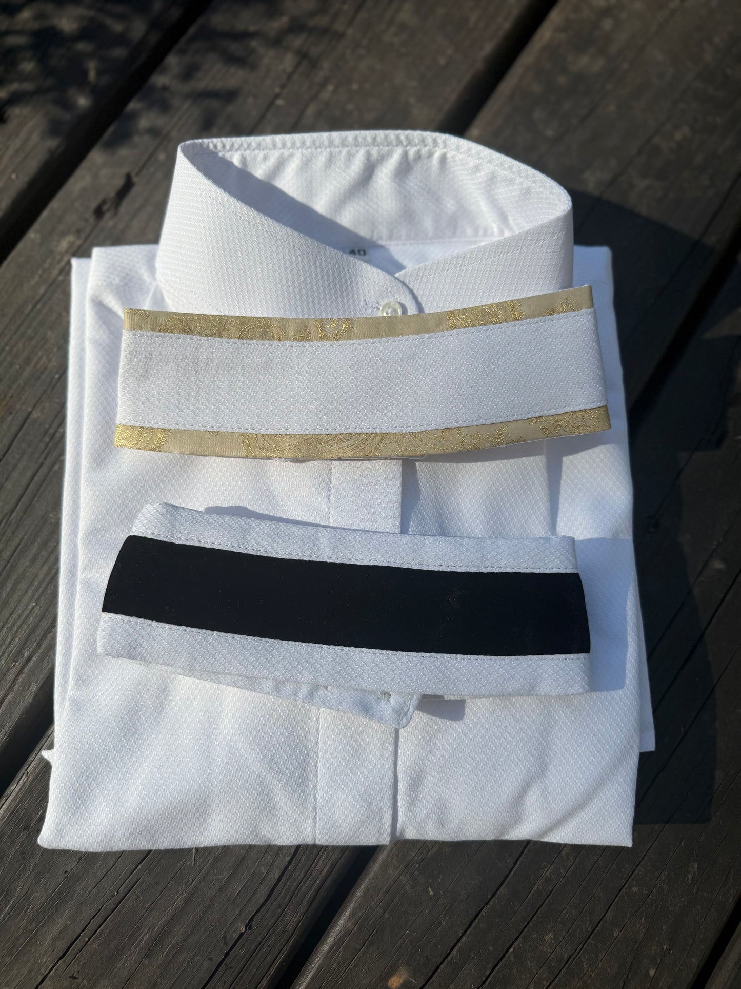 Boo Yah White Shirt Black Thick Velvet Strip and Gold Print Piping Collars - Size 40