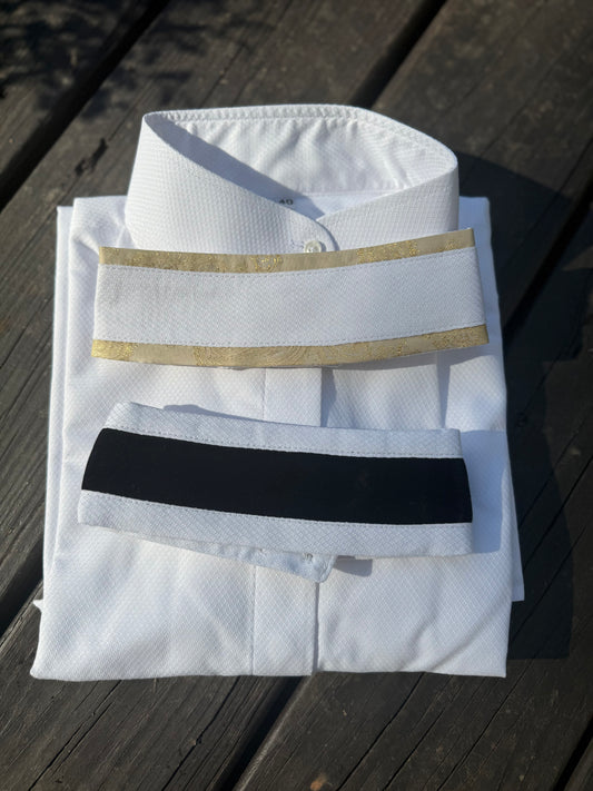 Boo Yah White Shirt Black Thick Velvet Strip and Gold Print Piping Collars - Size 40