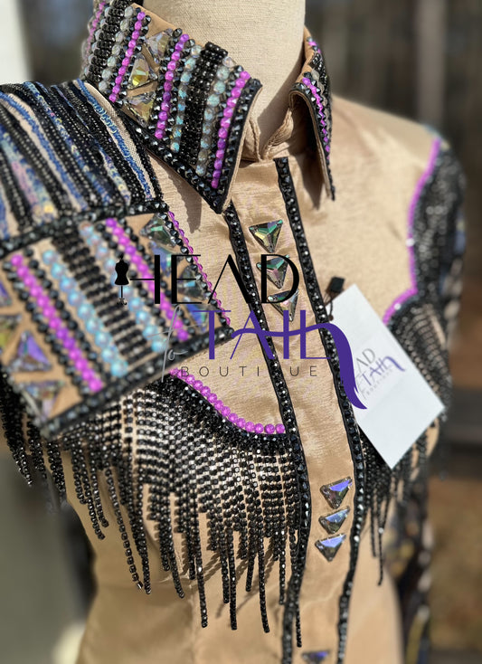 Unbridled Couture Champagne w/ Black Fringe Yoke & Purple Multi Sequins - Medium - FINAL SALE