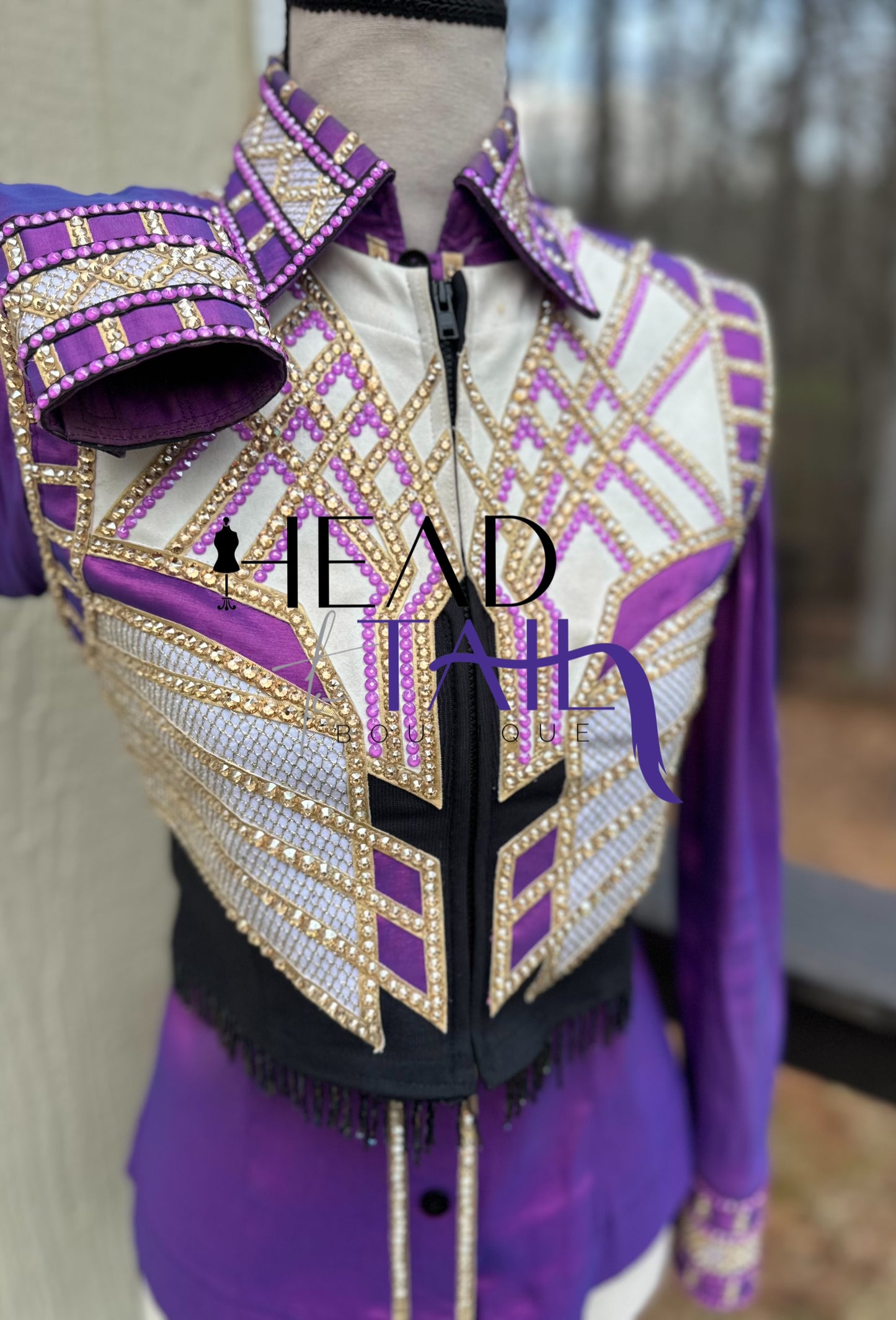 Unbridled Couture Showmanship, Horsemanship, Vest & Day Shirt Magenta Purple & Gold 4 Piece Set - YOUTH Large/ADULT XS