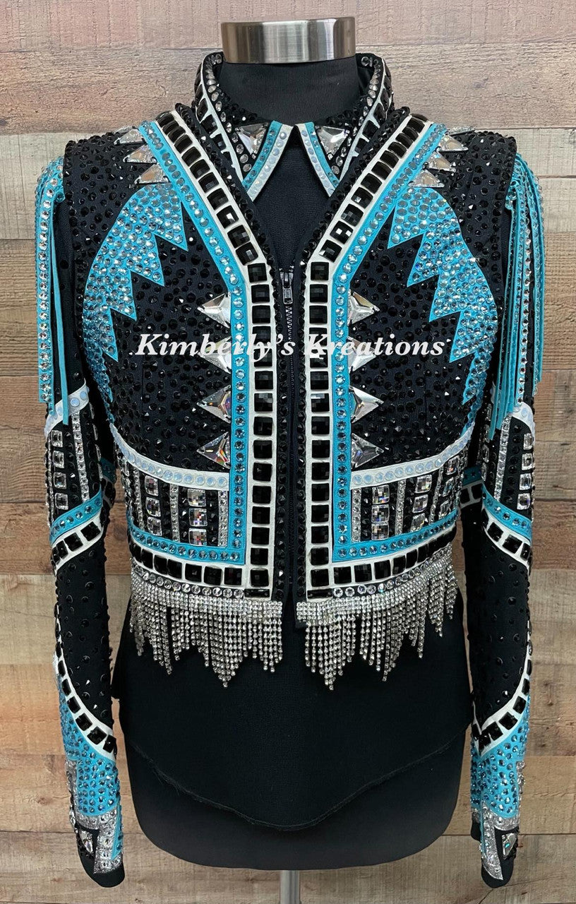 Trudy Black Label Black, Turquoise, White and Silver Bolero w/ Matching Shirt and NEW 34 x 43 Stellar Show Blanket -  Small/Medium