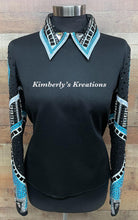Load image into Gallery viewer, Trudy Black Label Black, Turquoise, White and Silver Bolero w/ Matching Shirt and NEW 34 x 43 Stellar Show Blanket -  Small/Medium
