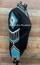 Load image into Gallery viewer, Trudy Black Label Black, Turquoise, White and Silver Bolero w/ Matching Shirt and NEW 34 x 43 Stellar Show Blanket -  Small/Medium
