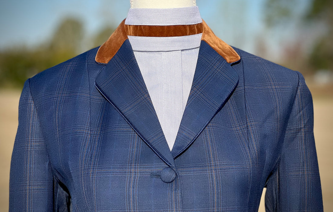 Boo Yah Blue/Brown Hunt Shirt with Thick Navy Ribbon Stripe and Brown/Navy Open Diamond Collars - Size 34
