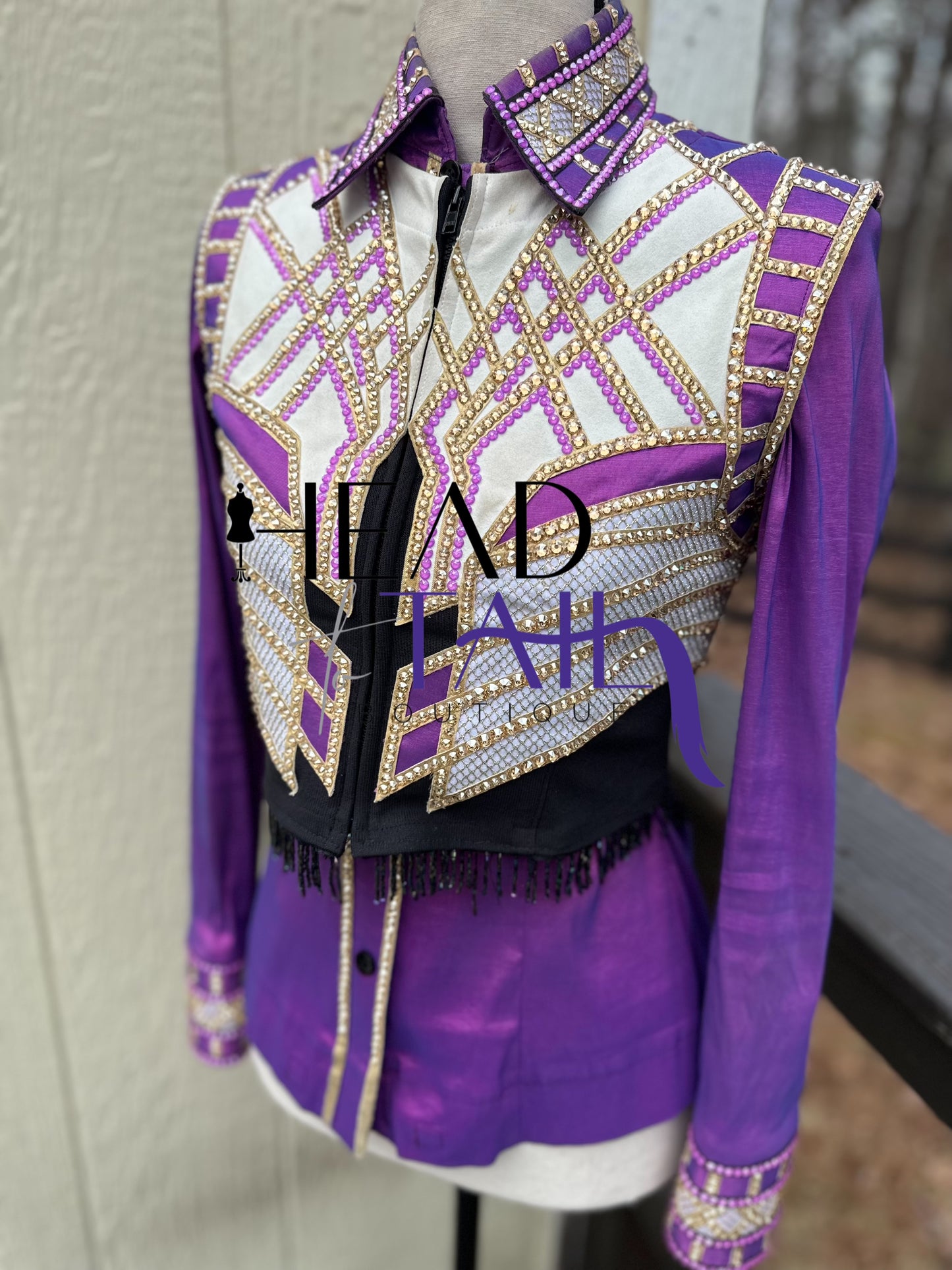 Unbridled Couture Showmanship, Horsemanship, Vest & Day Shirt Magenta Purple & Gold 4 Piece Set - YOUTH Large/ADULT XS