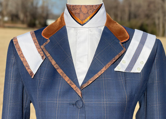 Boo Yah White Shirt with Brown Paisley Piping and Navy/Burgundy Open Diamond Collars - Size 34