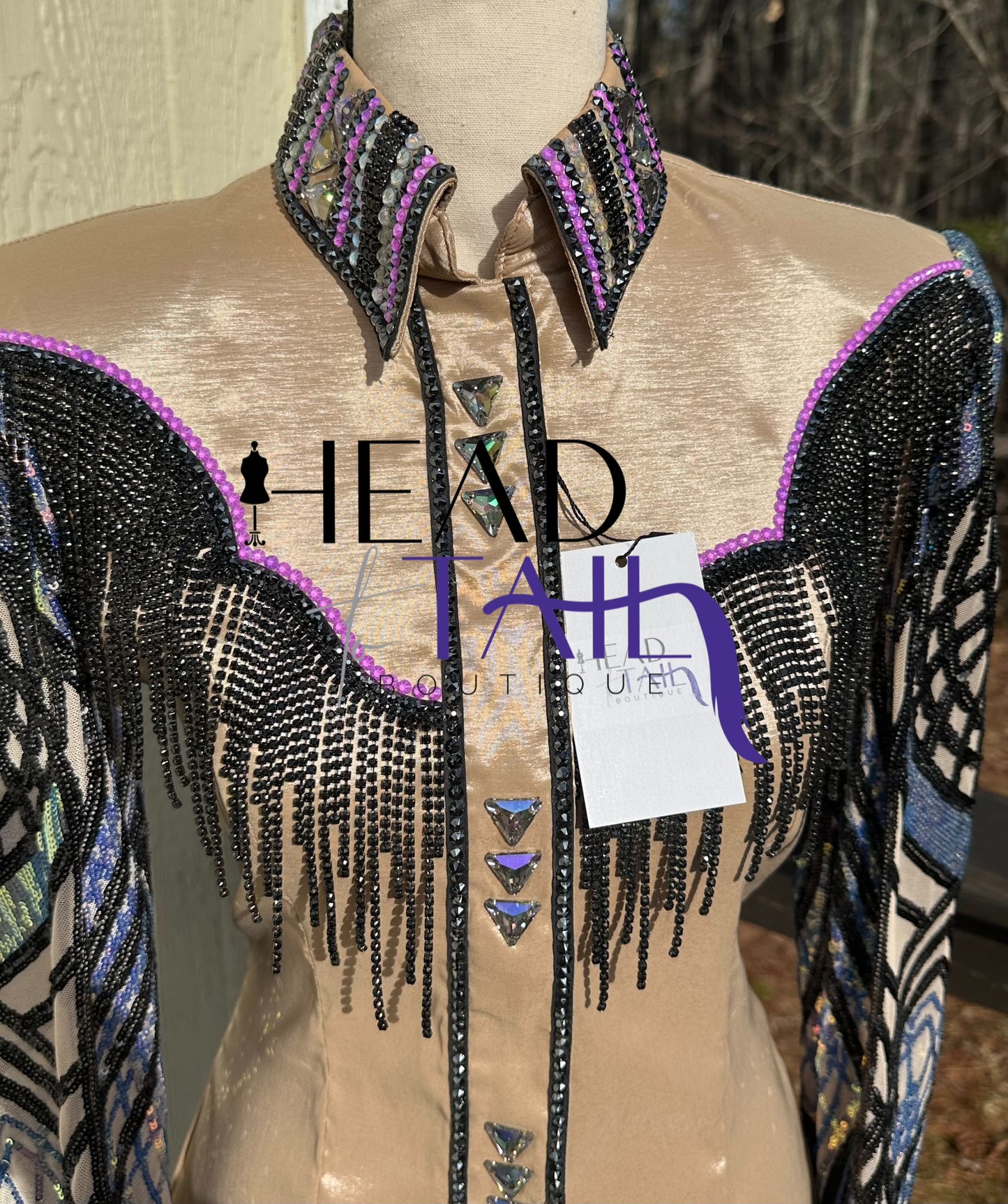 Unbridled Couture Champagne w/ Black Fringe Yoke & Purple Multi Sequines- Medium