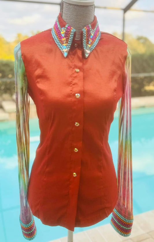 Kevin Garcia Originals Orange & Multi-Color and Sheer Sleeves - Size 8