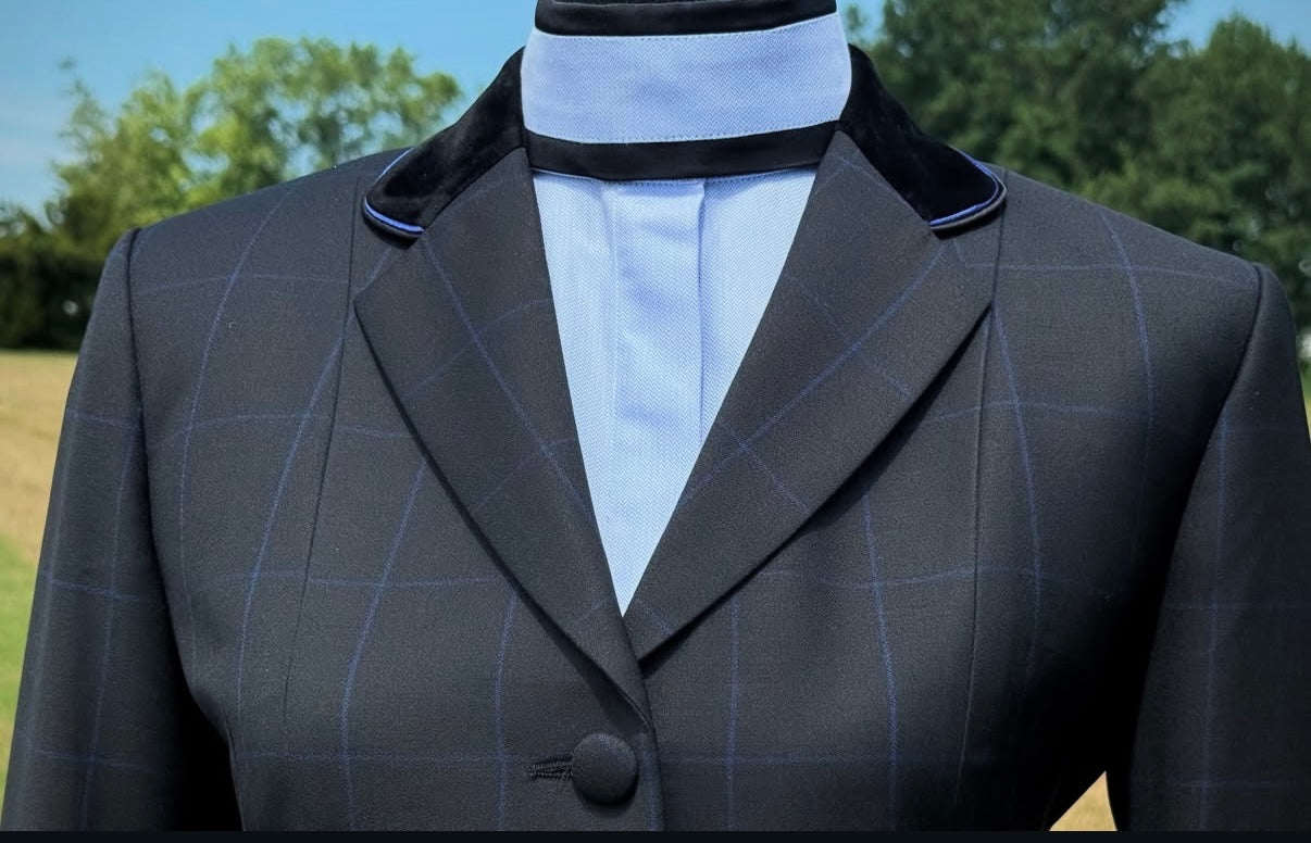 Boo Yah Black w/Blue Windowpane w/ Black Velvet & Double Royal/Black Piping - Size 6