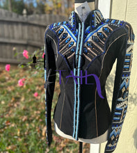 Load image into Gallery viewer, Suited by LJ Black Base with Blues, Rose Gold &amp; White - Appx Size 4 (w/pants)
