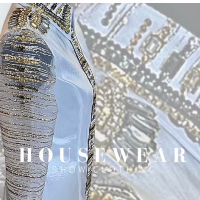 Housewear Show Clothing White, Gray & Gold Day Shirt w/Sheer Sleeves - Medium