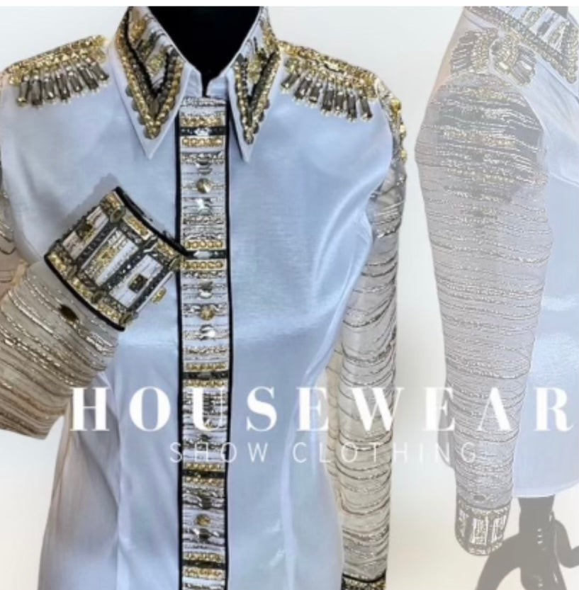 Housewear Show Clothing White, Gray & Gold Day Shirt w/Sheer Sleeves - Medium
