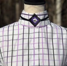 Load image into Gallery viewer, White and Purple Squares: Thin Black Piping &amp; Black/Purple Diamond Collars - Size 34
