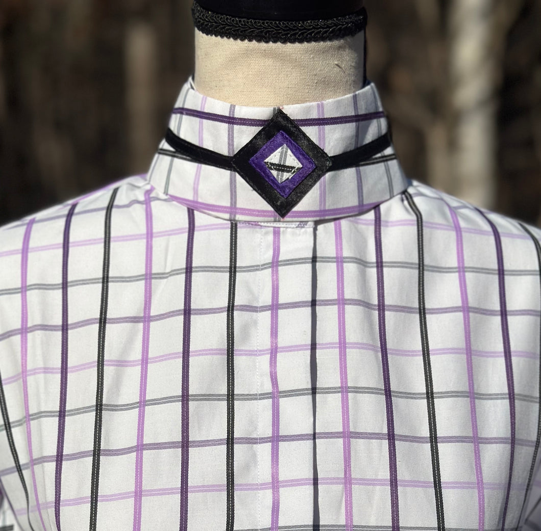 White and Purple Squares: Thin Black Piping & Black/Purple Diamond Collars - Size 34