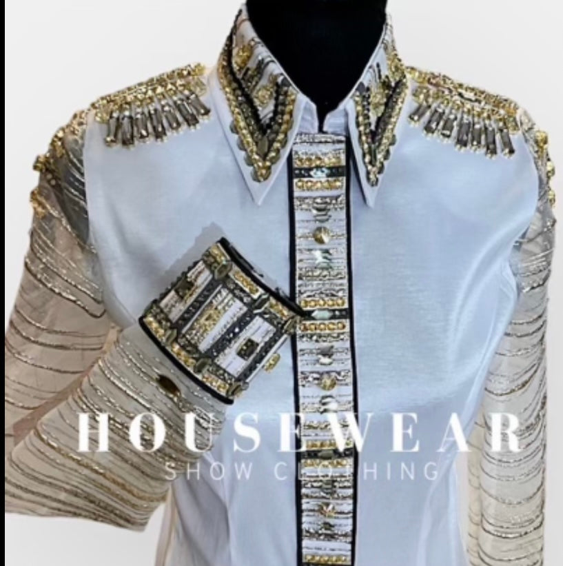 Housewear Show Clothing White, Gray & Gold Day Shirt w/Sheer Sleeves - Medium