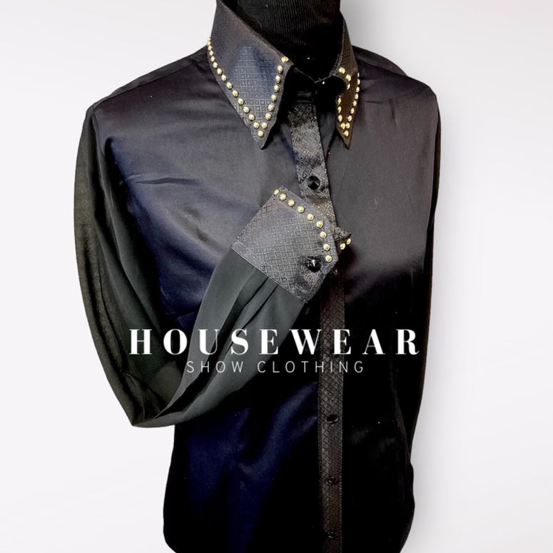 HouseWear Tailored Collection Black with Gold Studs & Sheer Sleeves - Medium w/ Stretch
