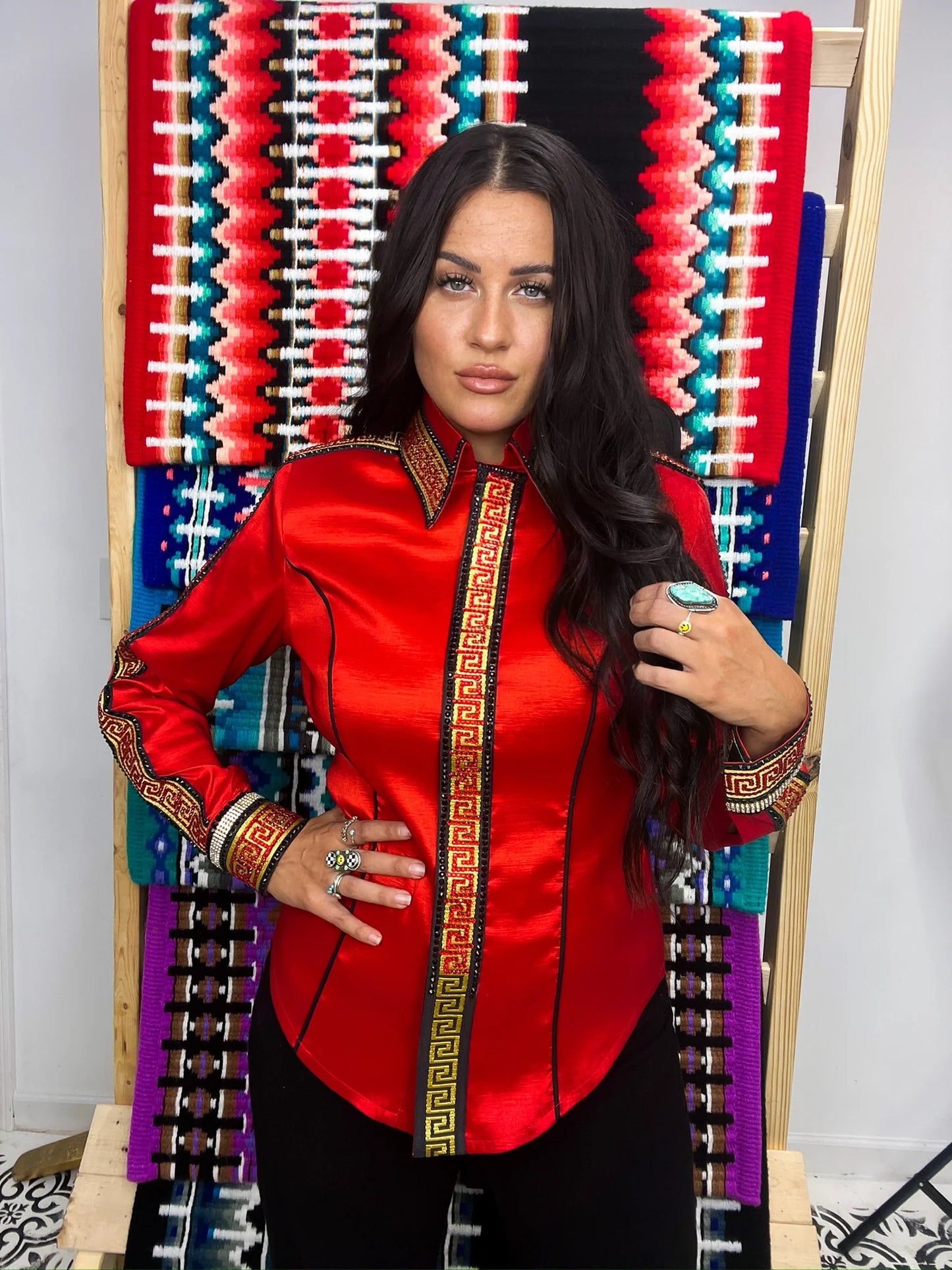 Unbridled Couture Red and Gold Key Detail Full Sleeve - Medium