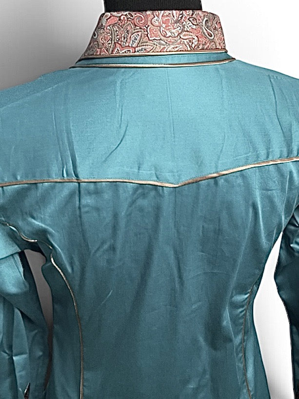 HouseWear Tailored Collection Turquoise & Tan Print Yoke- Medium