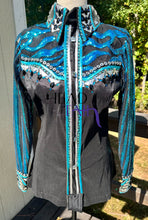 Load image into Gallery viewer, Wicked Crystals by Christine Blue &amp; Silver Day Shirt w/ Sheer Sleeves - Small - FINAL SALE
