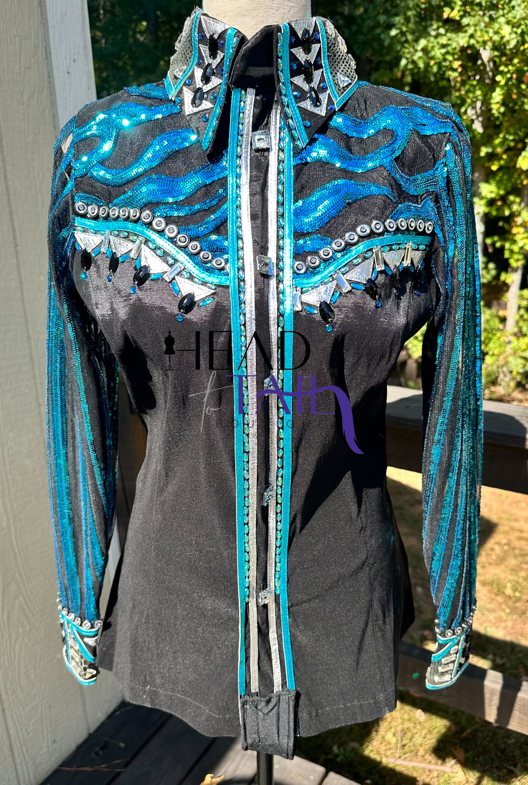 Wicked Crystals by Christine Blue & Silver Day Shirt w/ Sheer Sleeves - Small - FINAL SALE