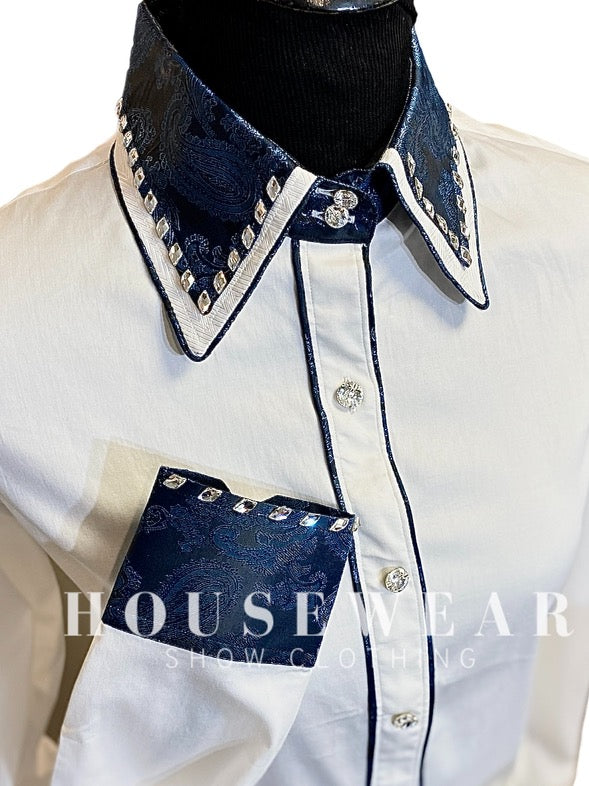 HouseWear Tailored Collection White and Deep Navy Paisley - Large
