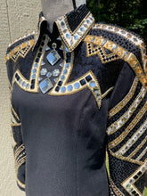 Load image into Gallery viewer, One of a Kind Black, White &amp; Gold Horsemanship Shirt
