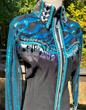 Load image into Gallery viewer, Wicked Crystals by Christine Blue &amp; Silver Day Shirt w/ Sheer Sleeves - Small - FINAL SALE
