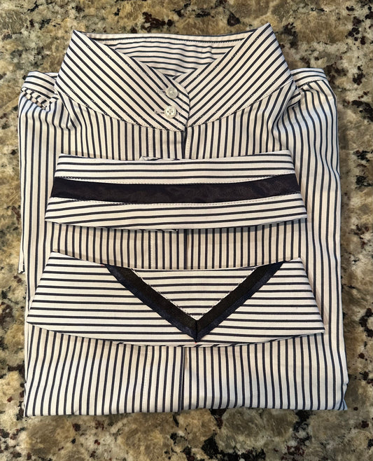 Boo Yah Hunt Shirt with Thick Navy Stripe and Navy/Black V Collars - Size 36