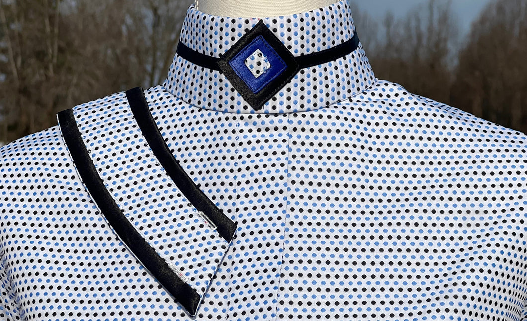 White with Black & Blues Dots - Black Thick Piping & Black/Blue Open Diamond collars - Size 40